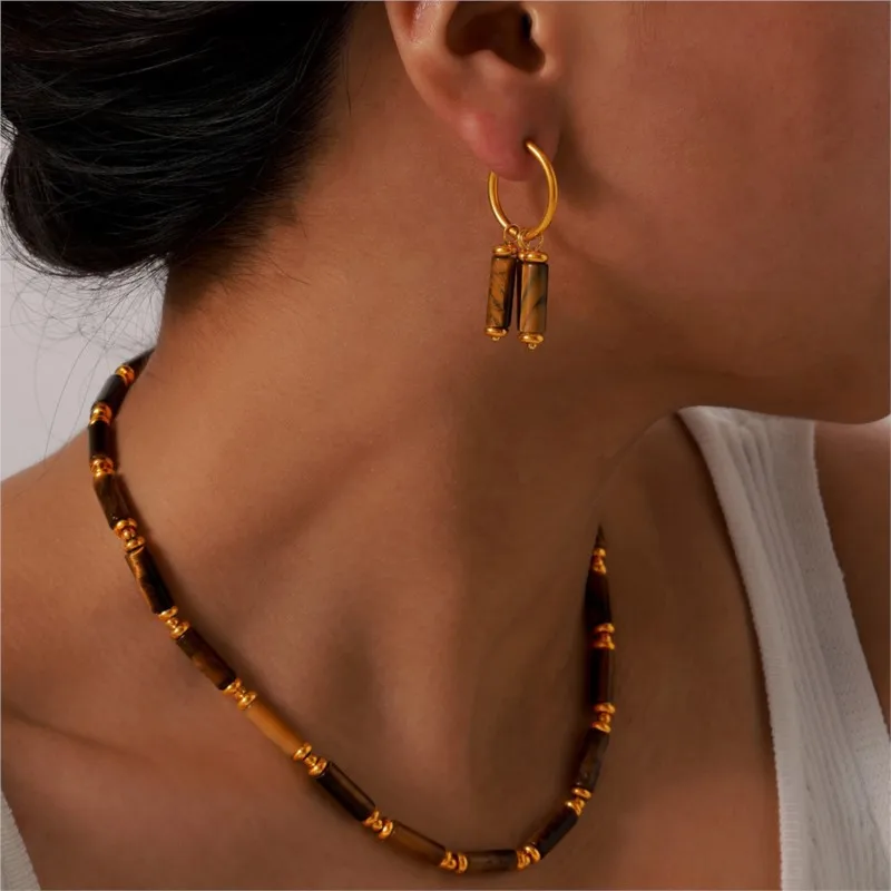 Tiger-eye Stone Beads Drop Earrings Necklace For Women Stainless Steel Gold Plated Women\'s Stud Earring Necklaces Jewelry Sets