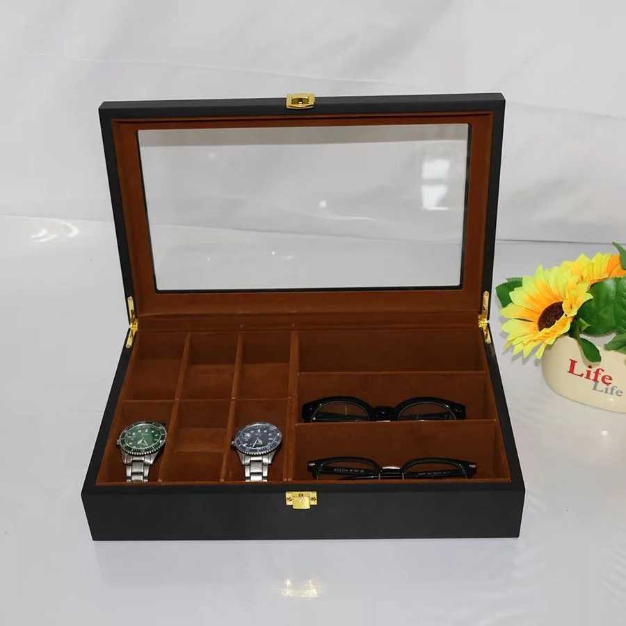 High-end Watch and Glasses Storage Box, Made of Wood with Can Store 6 Watches and 3 Pairs of Glasses, Transparent Glass Display.