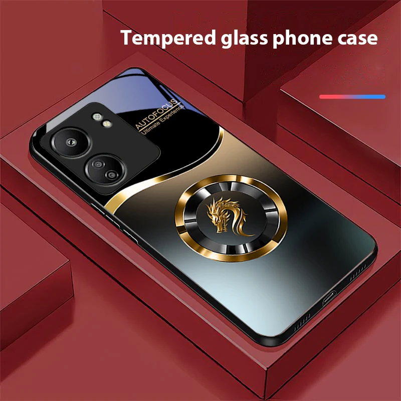 Gradient Circle Dragon For Xiaomi Redmi 13C Note13 12 Pro Plus 5G Note 9 13T Pro POCO X6 F5 F6 Black Tempered Glass Phone Case
