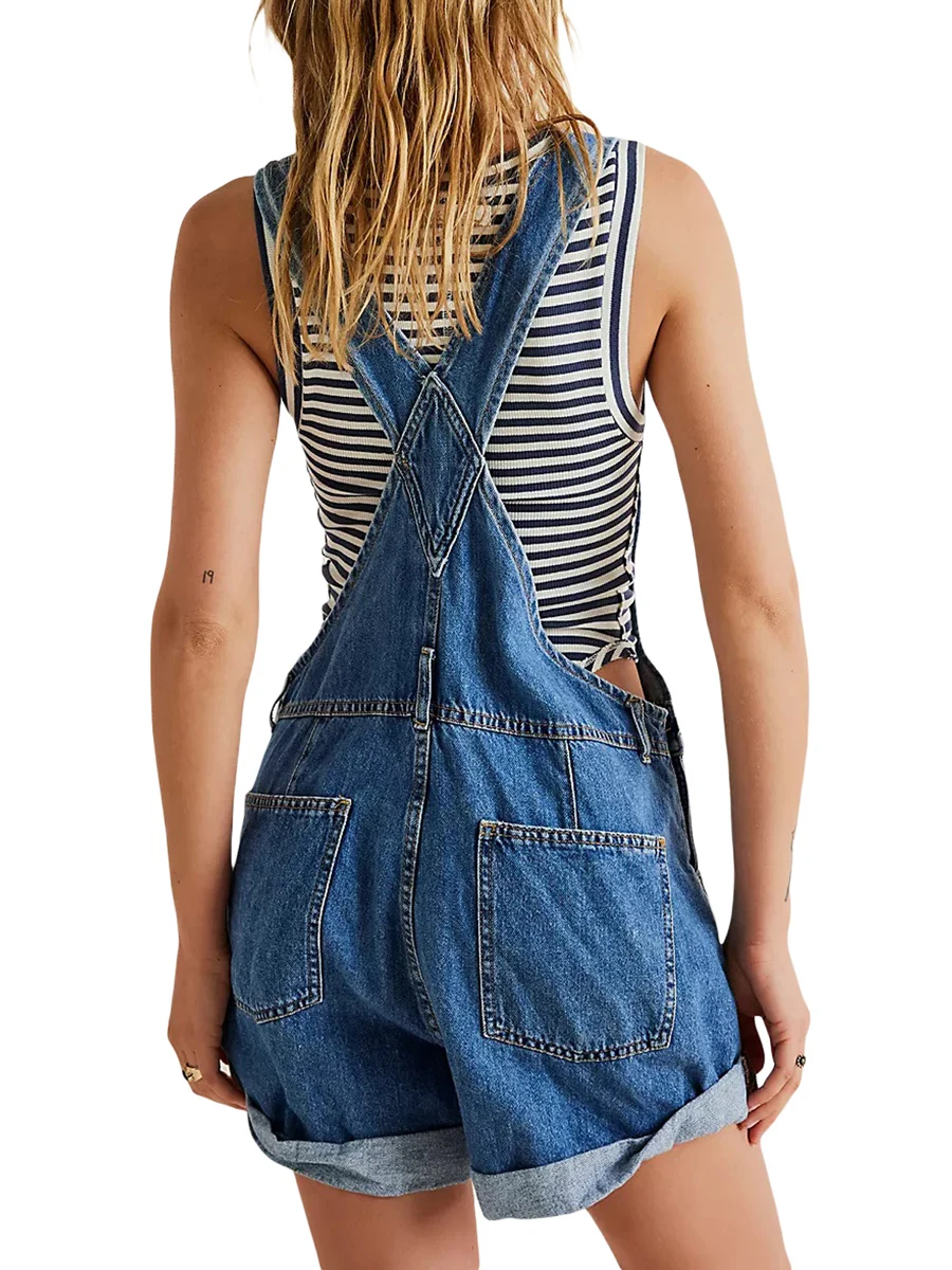 Women Denim Overall Jumpsuit Streetwear Outfits Aesthetic Rompers Playsuits Sleeveless Adjustable Straps Solid Color Rompers