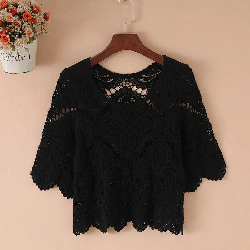 2023 Women New Loose Hollow Short Round Neck Knitted Top Woman Casual Fashion Female Summer Pullover Printing Handmade Sweater