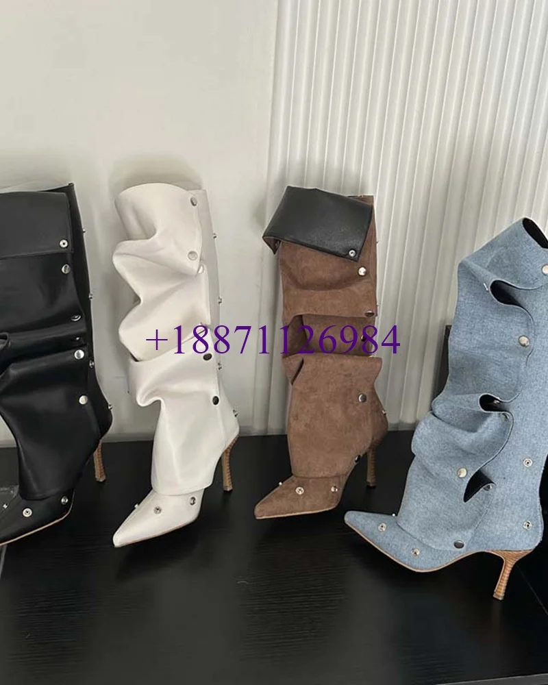 Fashion Style Women Knee-High Boots With Rivet Pointed Toe Stiletto Super High Heel Buckle Splicing Cowboy Pleated Stacked Shoes