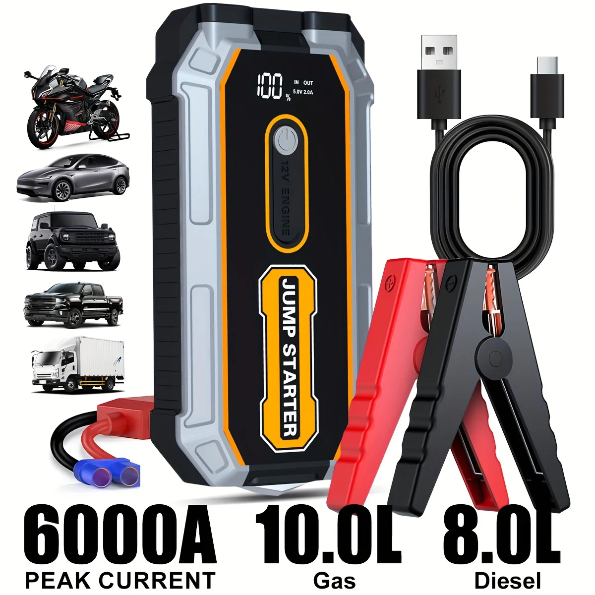 

6000A Peak All-in-One Heavy-Duty Jump Starter with USB Ports & LED Flashlight - 12V Lithium-Ion Fast-Charging Portable Power