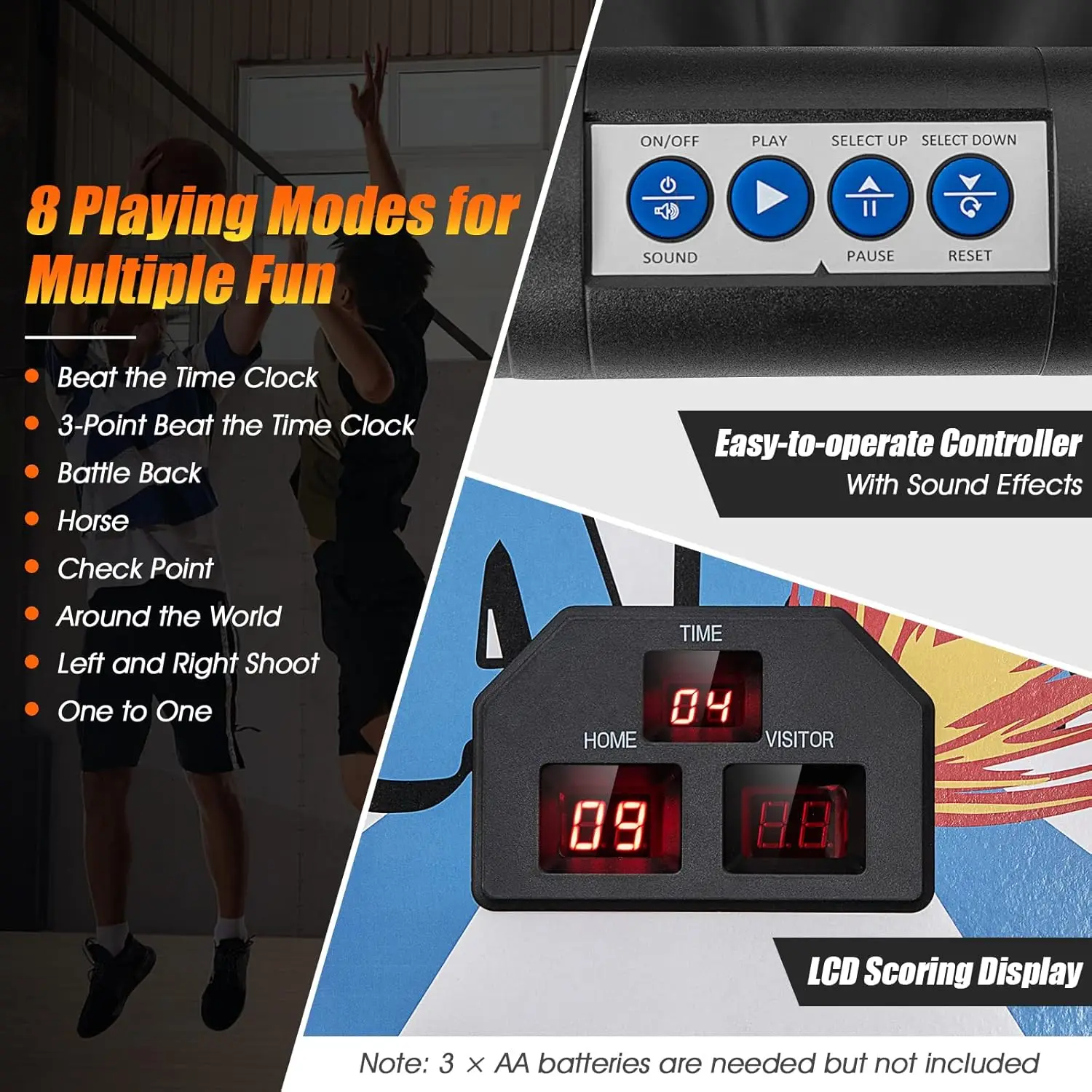 Folding Basketball Arcade Game, Dual Shot Electronic Basketball Hoop Arcade Game w/ 8 Game Modes, 4 Balls, 2 Hoops, Air Pump