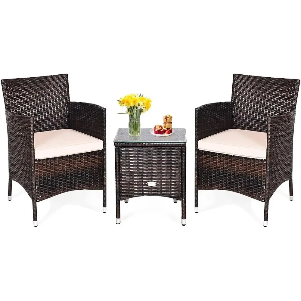 

3-Piece Outdoor Wicker Patio Furniture Set with Glass Top Coffee Table and Thick Cushions (Beige)