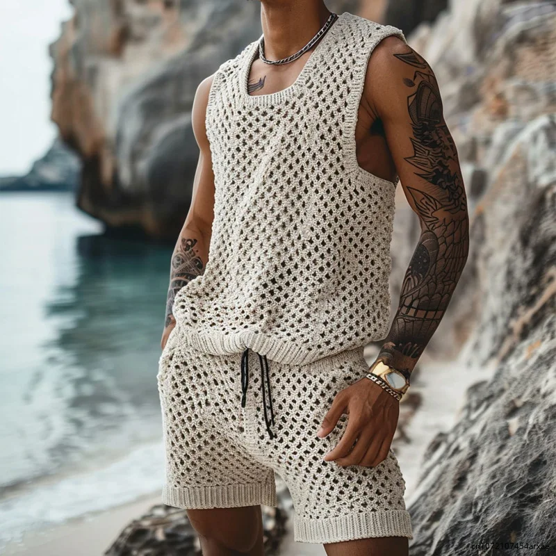 Men's Knitted Sweater 2 piece Sleeveless Tops Loose Casual Fashion Streetwear Men Solid Color Hollow Out Sweater Vest