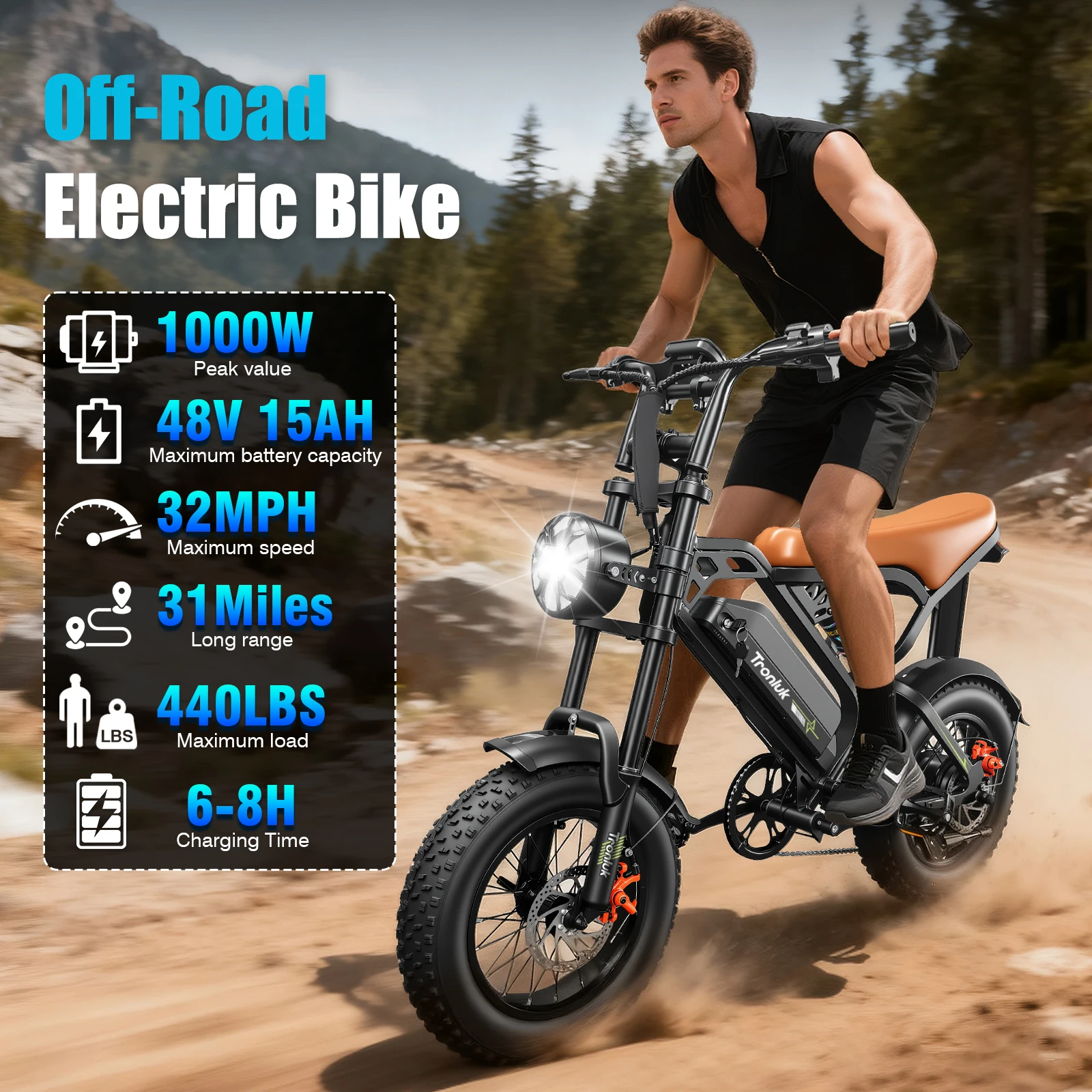 Bicicleta eléctrica 1000W Motor 48V15AH batería de litio bicicleta eléctrica frenos de disco duales 32MPH31 millas 16*4 pulgadas neumático ancho nieve E-bike