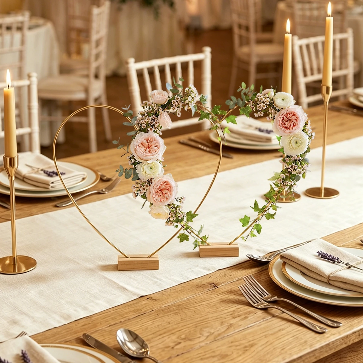 Metal Heart Wreath with Wooden Base Wedding Birthday Party Decor Dining Table Metal Floral Hoop Wedding Flower Garland Holder