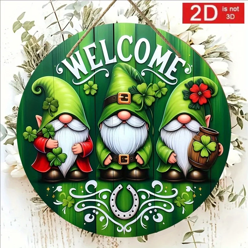 2D Flat - 1pc of 2D flat surface St. Patrick'S Day Welcome Sign, 1pc St. Patrick'S Day Welcome Sign, Manufactured Wooden Round W