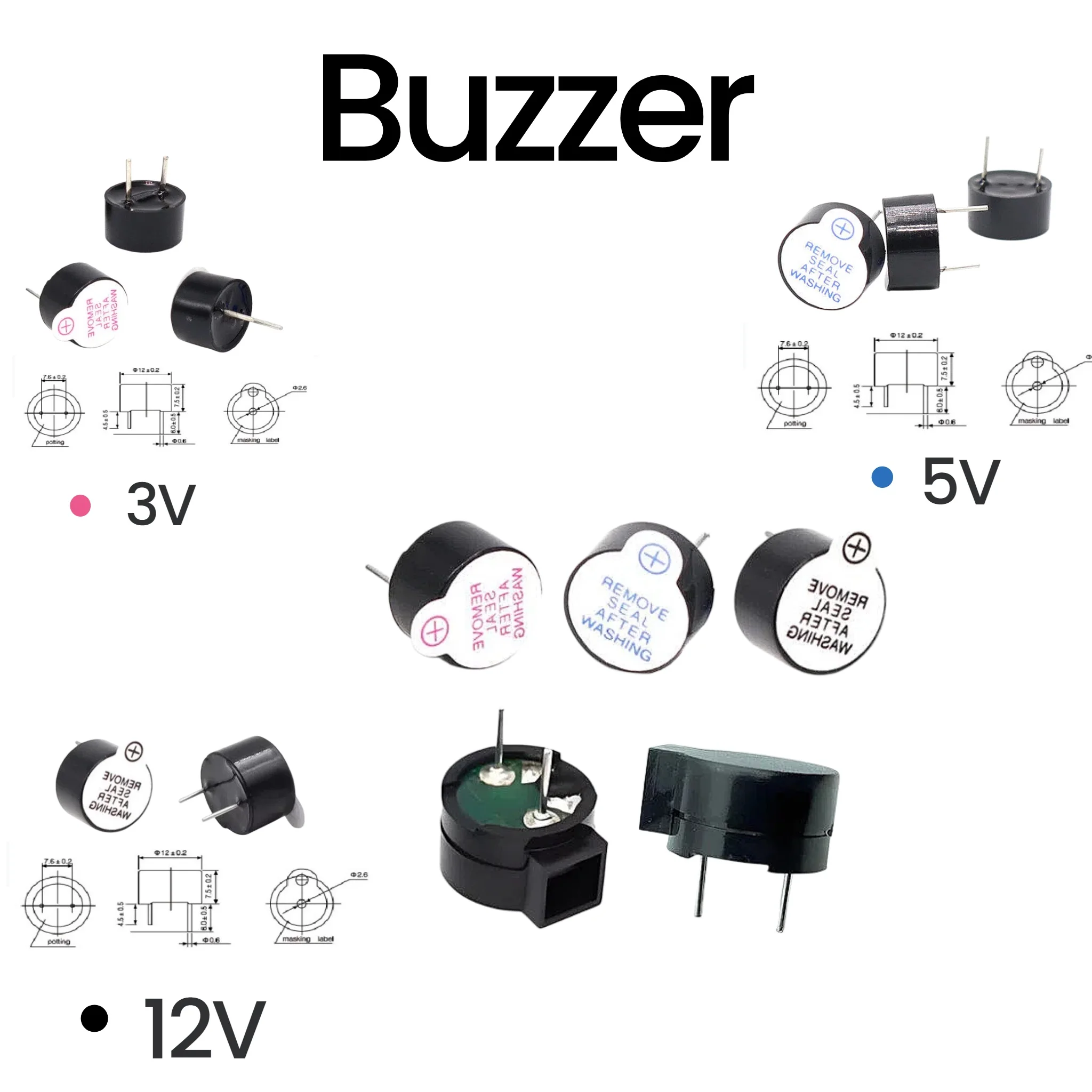 10-30PCS 3v 5v 12v Active Buzzer Magnetic Long Continous Beep Tone 12*9.5mm