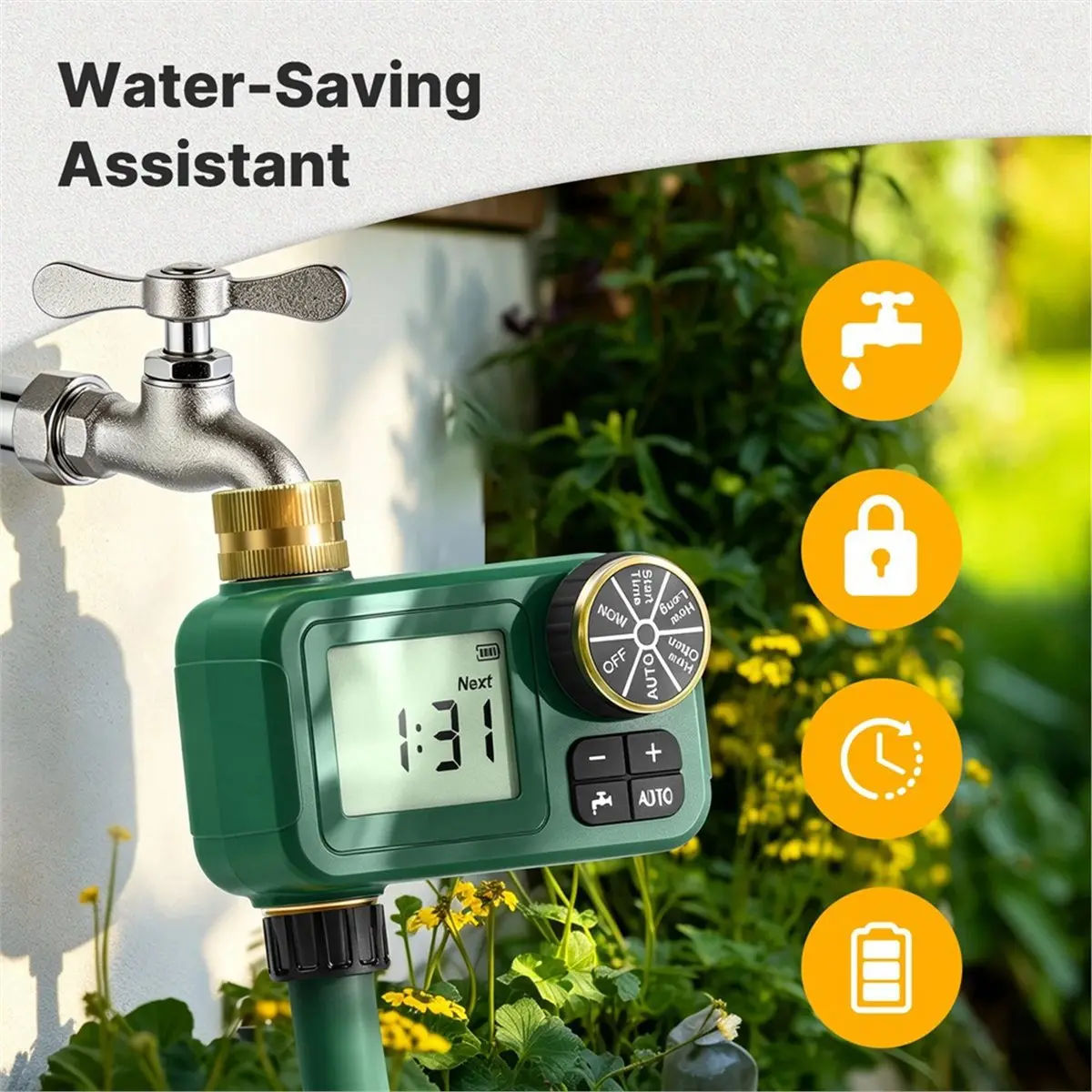 HOUSEHOLD*GOOD Water Timer 1-Outlet Waterproof Brass Inlet Outlet Rotary Knob Button Control LCD Display Screen IP55 Child Lock