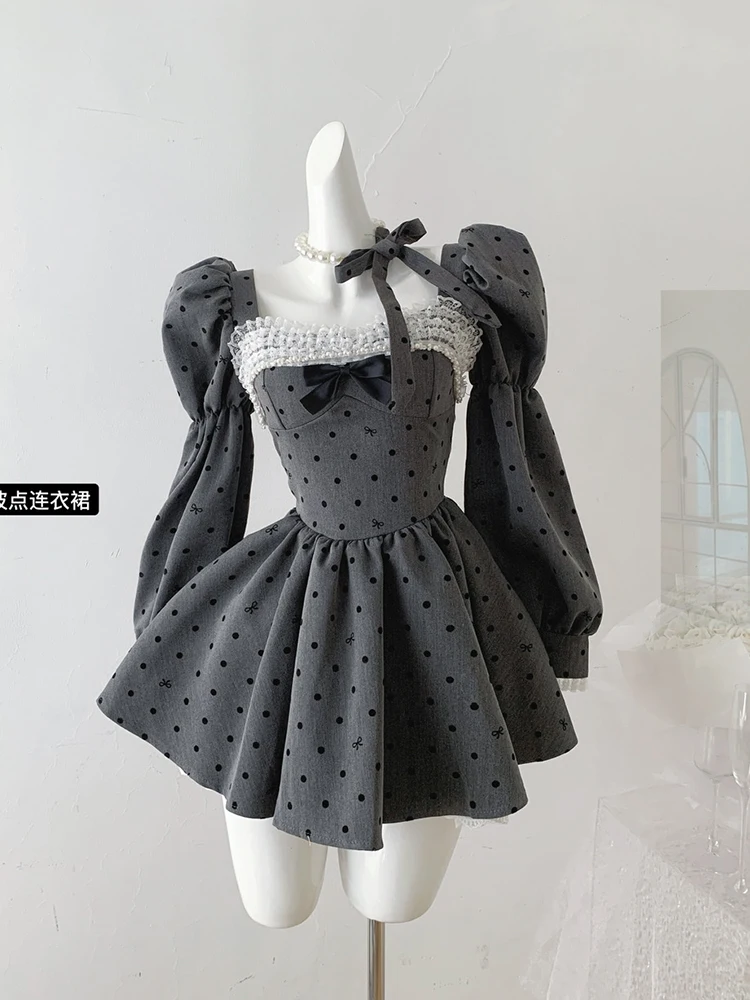 Women Prom Gown Shoujo Girl Fairy Dress Mini Frocks Long Sleeve Polka Dot One-Piece Evening Coquette Party 2000s Y2k Birthday