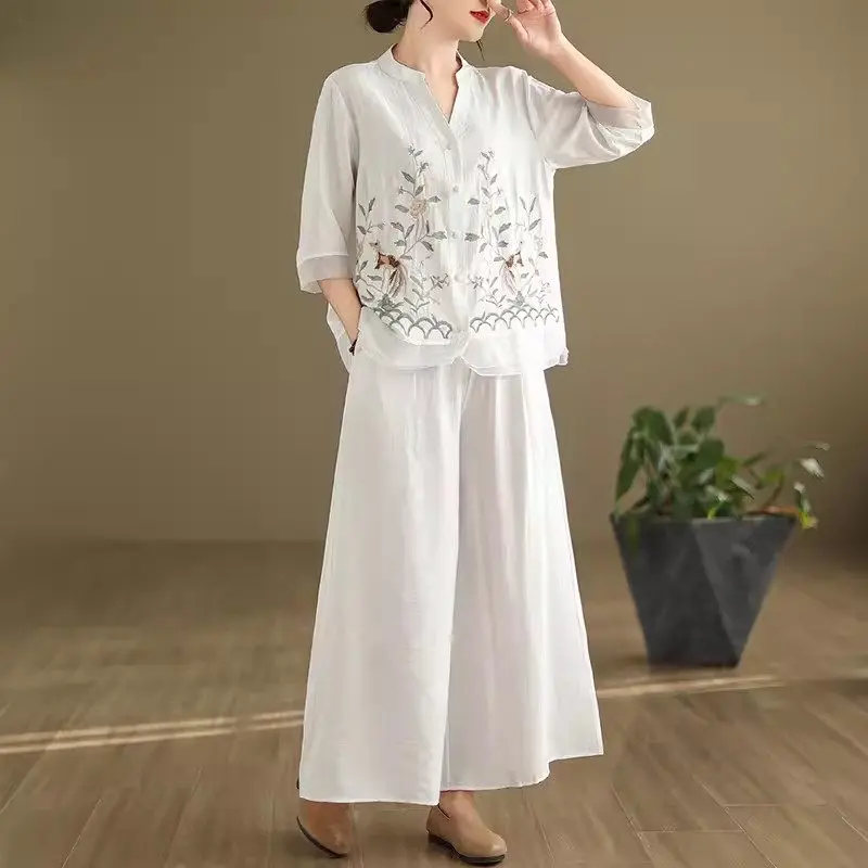 2024 Retro Ramie Standing Neck Embroidered Top + Wide Leg Pants Two Piece Set Simple And Casual Versatile Outfit For Women K164