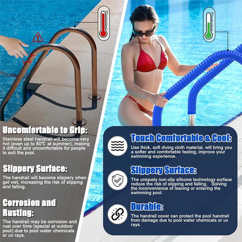 

B48B-2 Pack Противоскользящие чехлы для перил для бассейна с молниями, аксессуары для бассейна, ручка для поручня