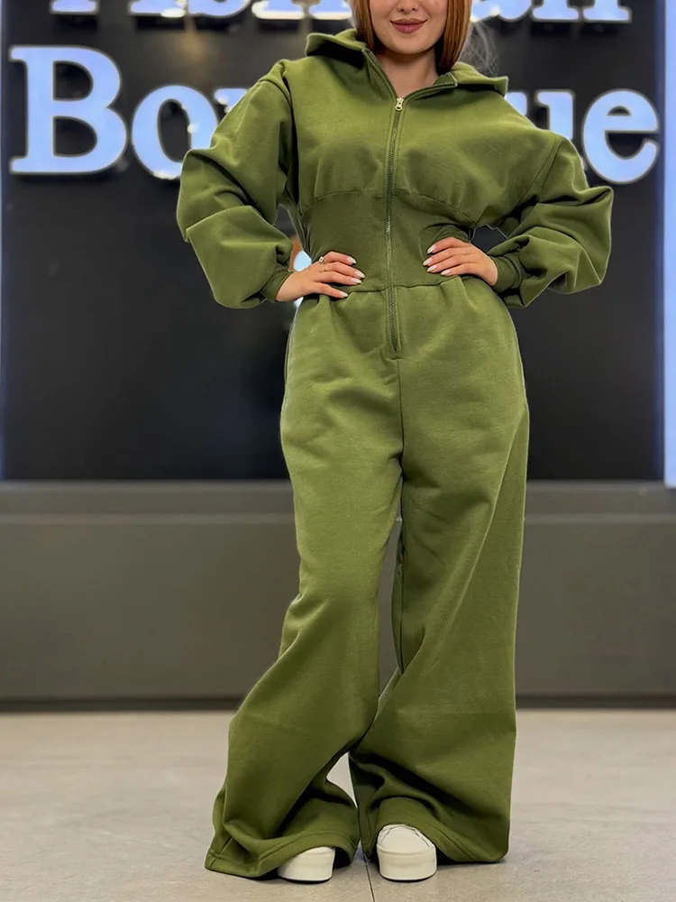 

Doyerl Solid Casual Loose One Piece Jumpsuit Woman Autumn Winter Front Zipper Hooded Sportwear Rompers and Jumpsuits Tracksuits