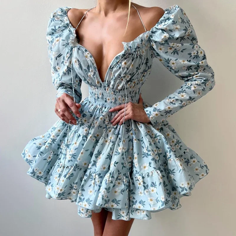 

Autumn New Printed Puffy Dress Women's Lace Up Square Collar Short Dress Elegant Party Long Sleeve A-line Ruffled Dress