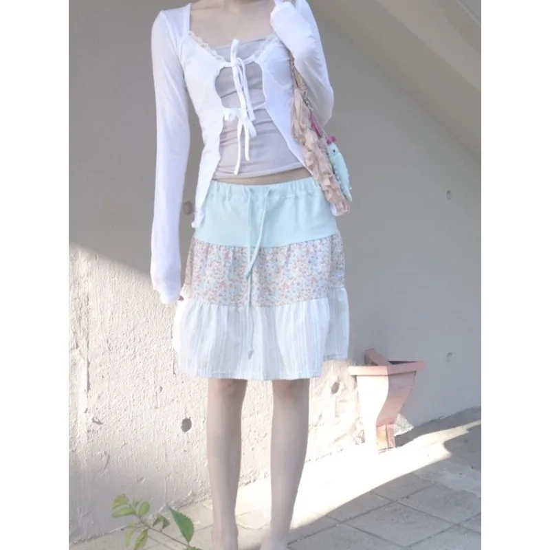 Japanese Floral Print Sweet Knee Length Skirt Women 2026 Summer High Waist Lace Up Contrast Color Patchwork Fold A-line Skirt