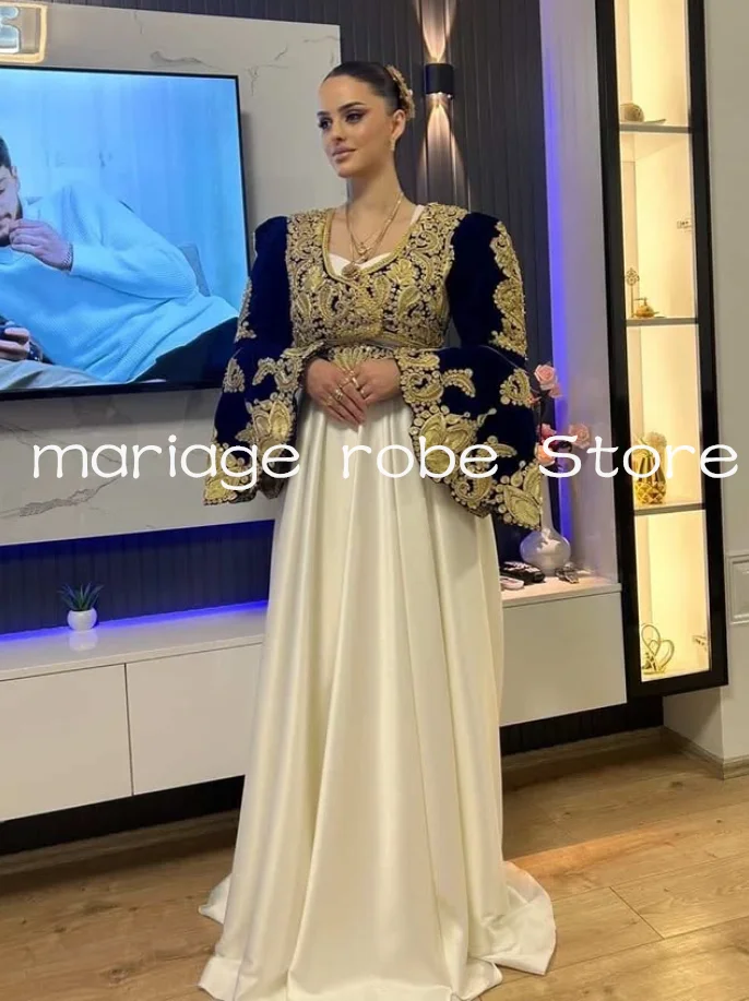 Marineblaue Samt-Abendkleider mit langärmeliger Jacke, traditionelles Kosovo-Albanisches Brautkleid für besondere Anlässe, maßgeschneidert