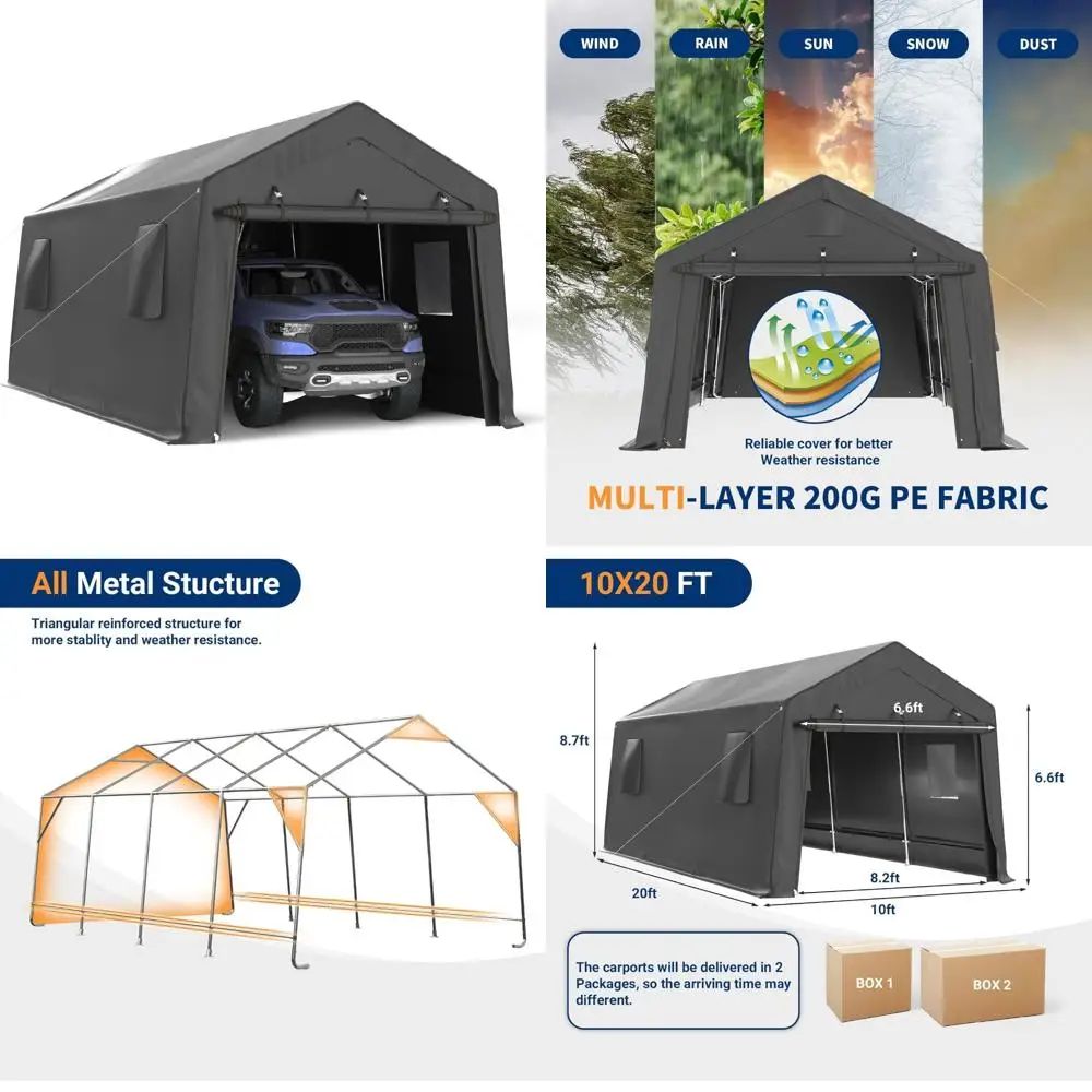 

Carport 10x20, сверхмощная портативная пиковая крыша для гаража, водонепроницаемый, устойчивый к снегу, УФ-излучению автомобильный порт с подвижными дверями, оцинкованный s