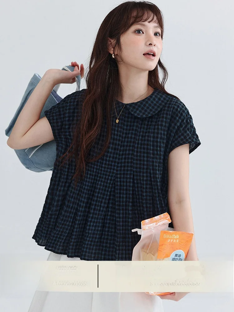 

AMUU Original Anti-Aging Plaid Doll Collar Pleated Cotton Shirt Women's Summer New Style Pure Cotton Short Sleeve Top