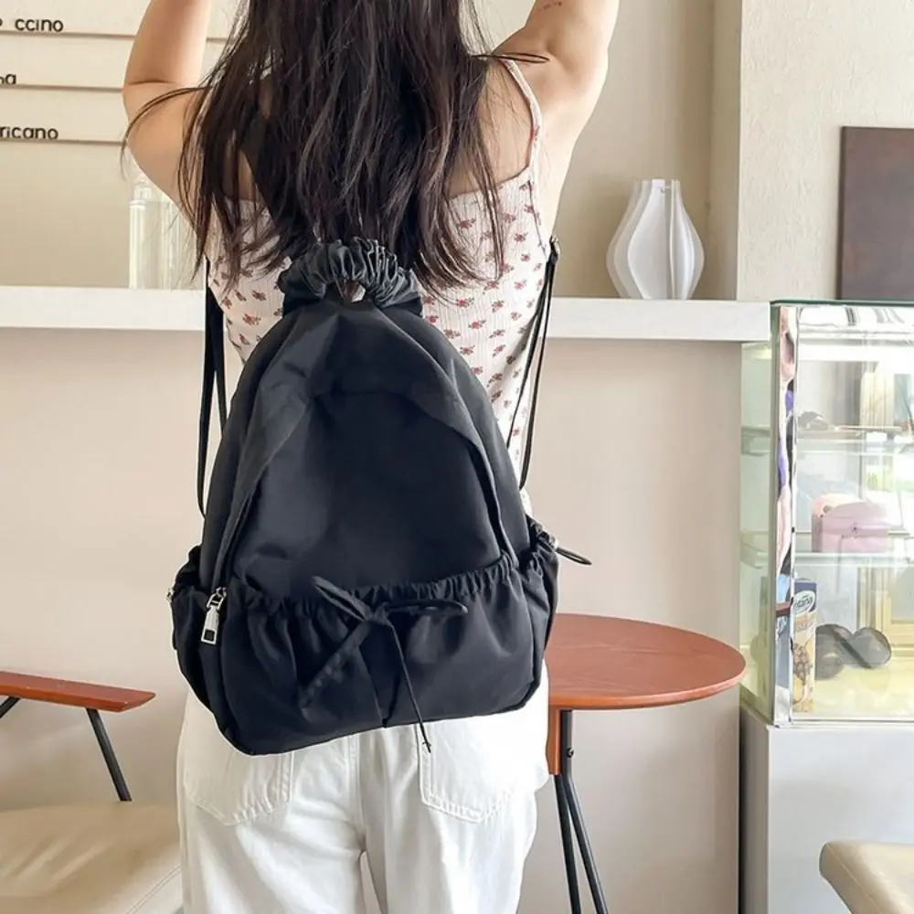 Casual Handbag Bow Backpack Solid Color Wrinkle Nylon Backpack Korean Style School Bag Shoulders Bag Women