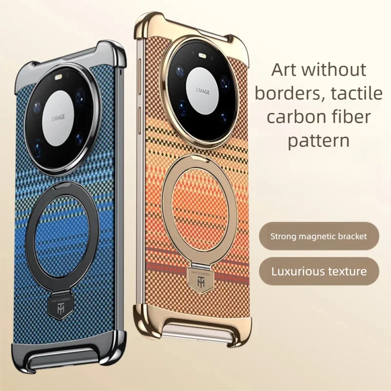 

Aerospace Aluminum Borderless Magnetic Case for Huawei Mate 60 70 RS 80 Pro Max Ring Stand Carbon Fiber Texture Back Cover