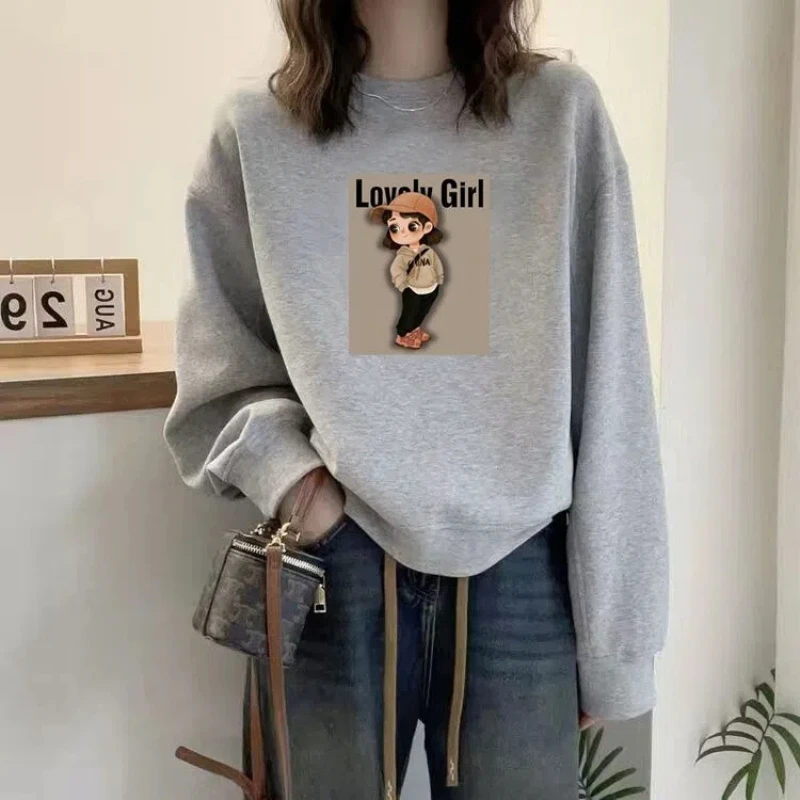 Letter Cartoon Printing Round Neck Pullover Women\'s Clothing Casual Loose Lantern Long Sleeve Crew Neck Spring Autumn Tops