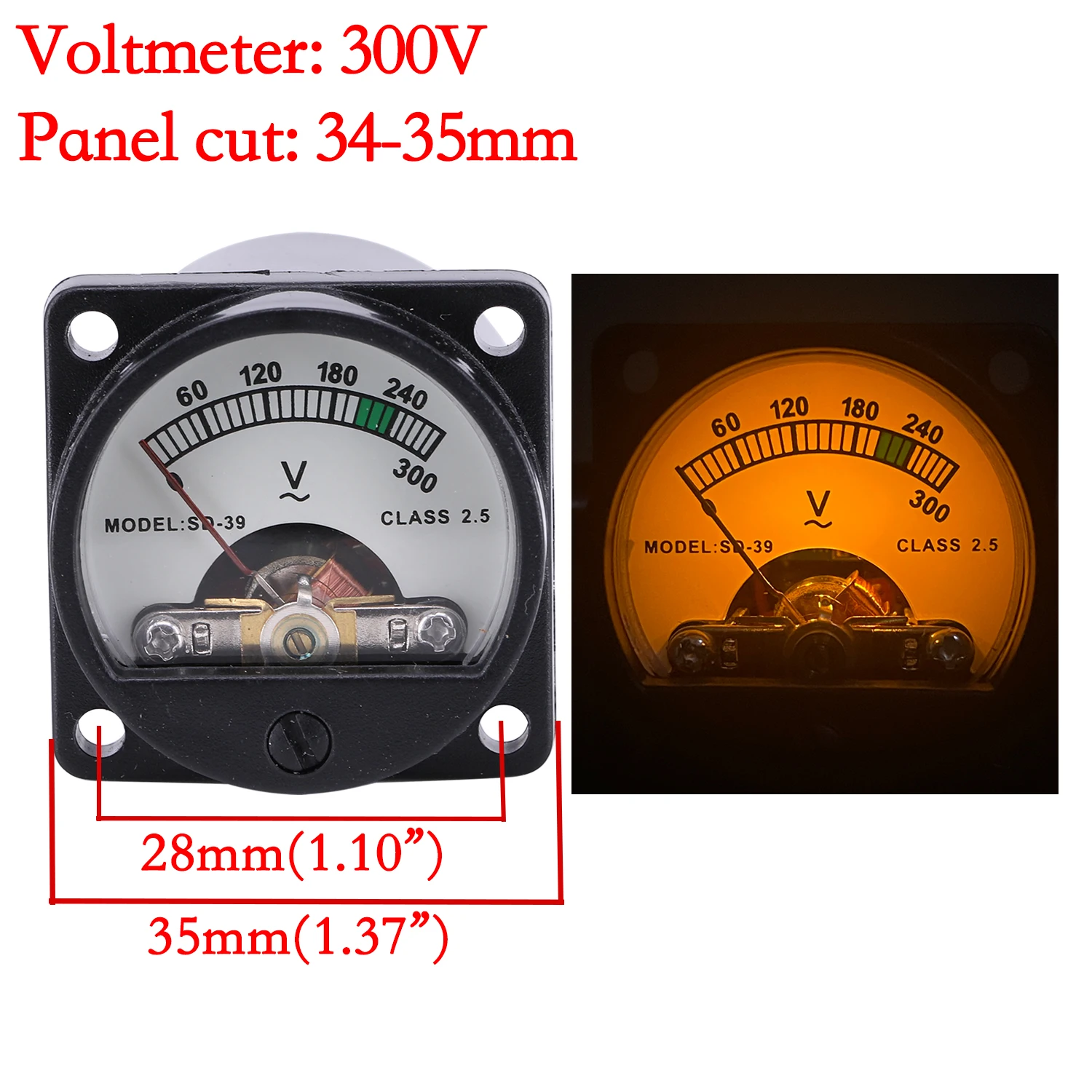 1 buah AC 300V Panel Analog Volt voltase Meter pengukur Voltmeter dengan LED kuning lampu latar untuk penguat Audio DIY