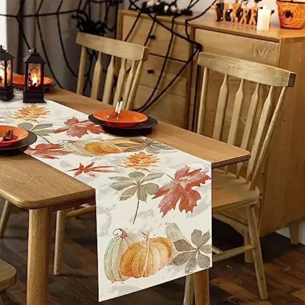 Autumn Pumpkin Maple Leaf Printed Table Runner Thanksgiving Day Ambience Decoration Dining Table Cloth TV Cabinet Coffee Table