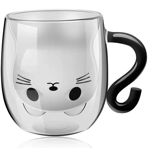 Cute Cat Mugs Double Vacuum Cute Tea Cups with Handle 250-300ml Glass Cat Coffee Mug Temperature Resistant Glass Water Milk Mug