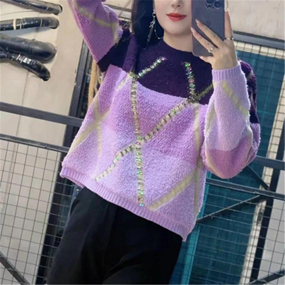 Geometric Contrast Color Sweater Women 2023 Autumn Winter Fashion Loose Long Sleeve Sweater Pullovers O Neck Jumpers