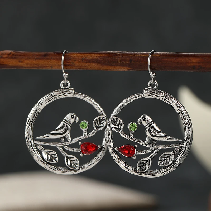 Women's Vintage Chic Design Bird Branch Hollow Drop Earrings with Multicolor Synthetic Zirconia Fashion Delicate Banquet Jewelry