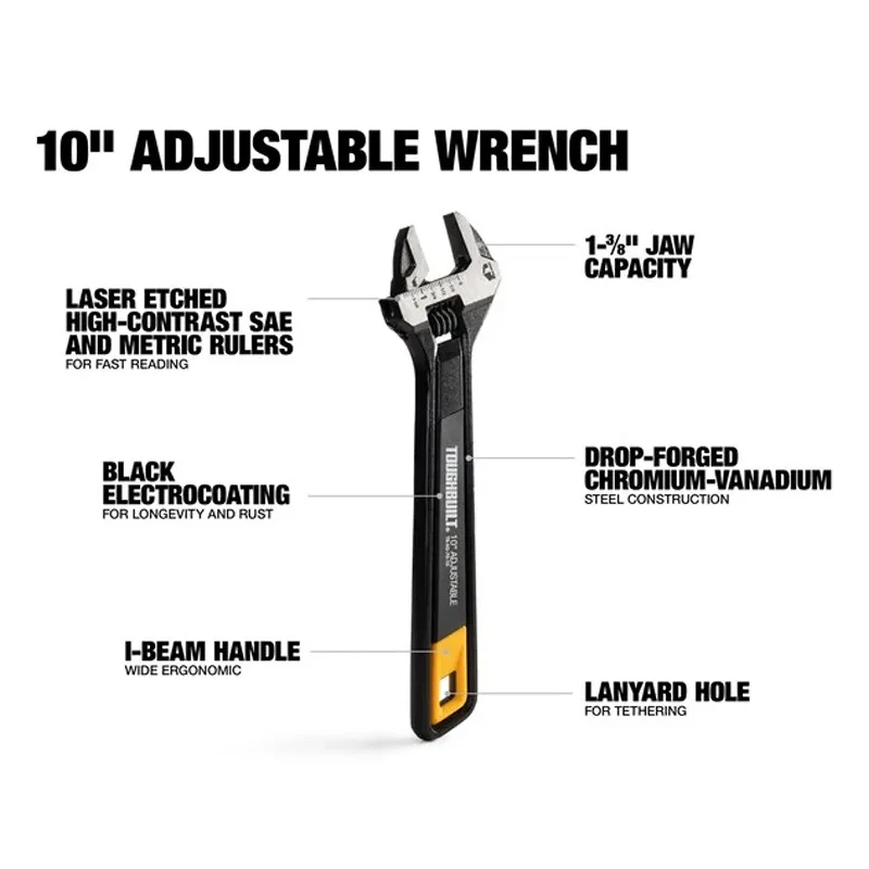 Toughbuilt TB-H3-70-10 10-Inch Adjustable Wrench – Adjustable Jaw Capacity – Manual Fastening Tool