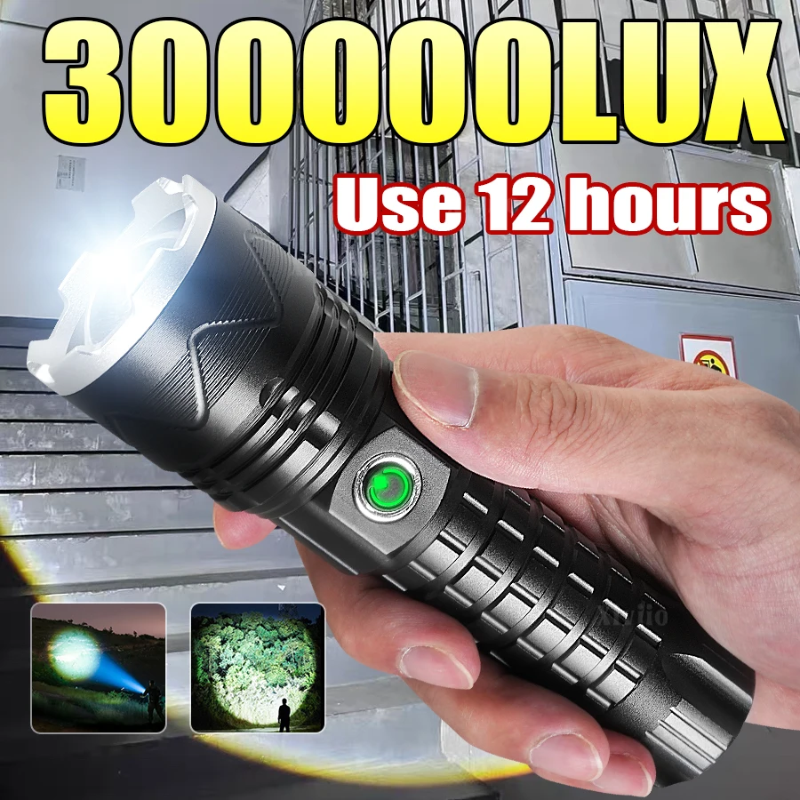 300000LM Powerful LED Flashlight Super Bright Zoom Rechargeable Type-C Convenient Flashlight Camping Hiking Lantern