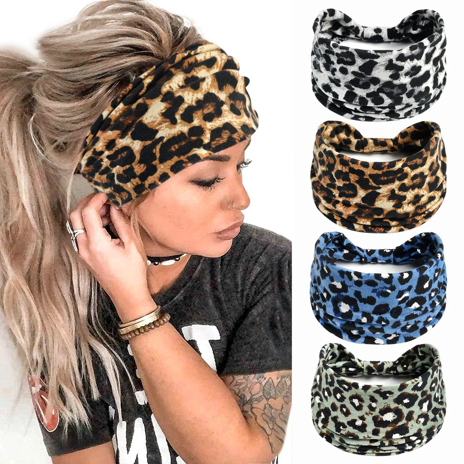 Szerokie opaski na głowę damskie wiązane turban z pałąkiem na głowę elastyczne antypoślizgowe opaski do włosów Boho okłady na głowę trening Leopard joga bawełniane szaliki do włosów — zdjęcie 3