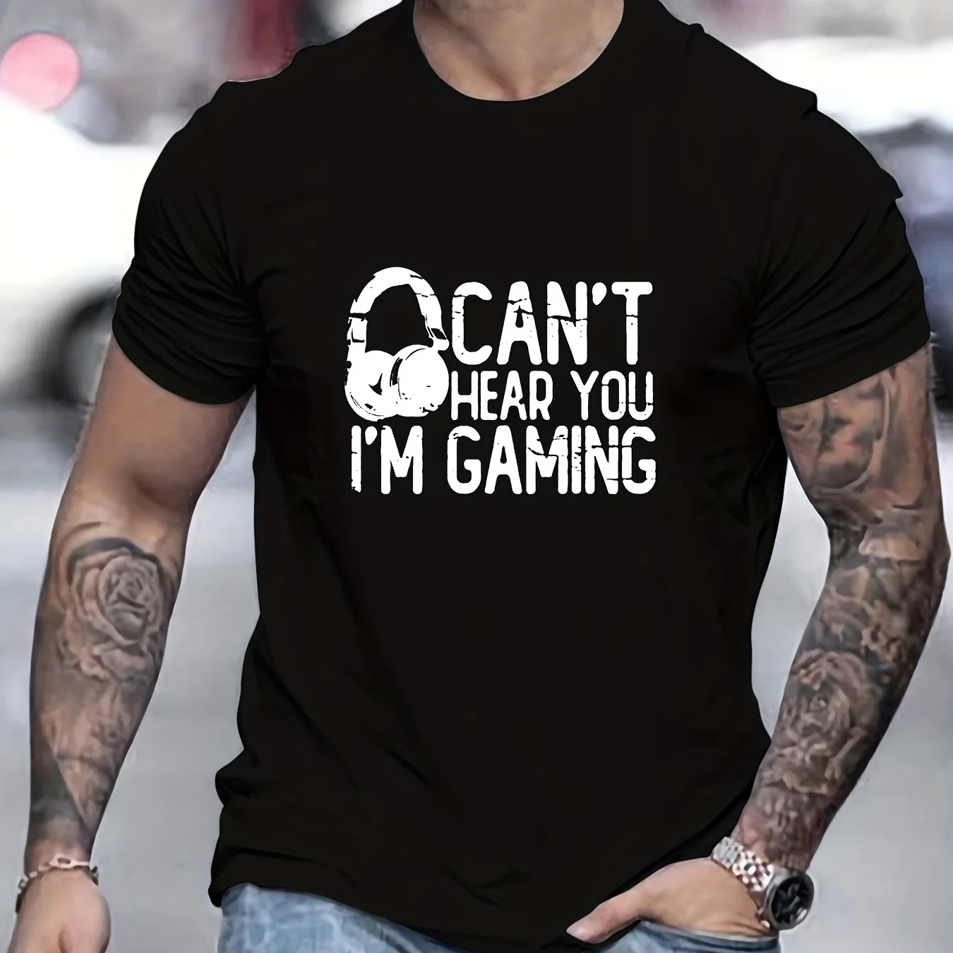 Men's Clothing  CAN'T HERE YOU I'M GAMING Letter Graphic Print Men's Creative Top, Casual Short Sleeve Crew Neck T-shirt,