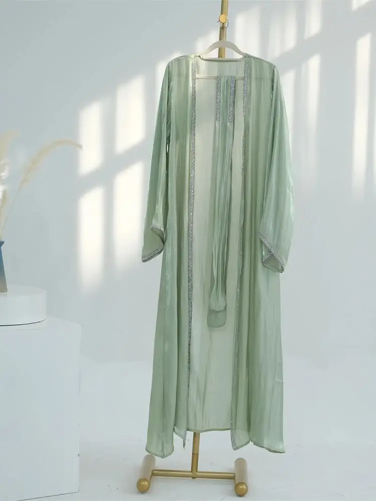 Abaya abierta de Organza blanca satinada Eid Dubái para mujer, Kimono de lujo modesto, caftán musulmán, ropa islámica, 2024