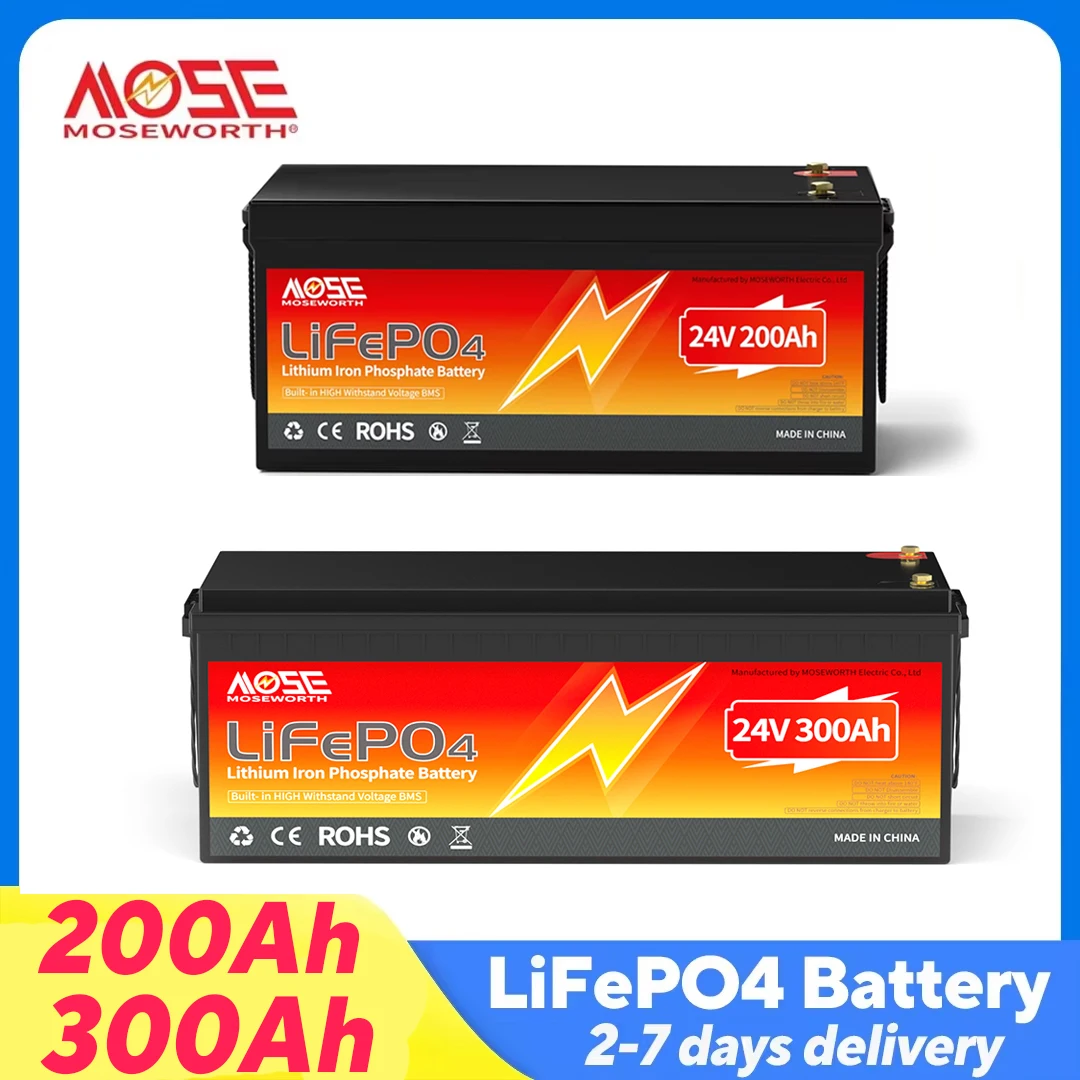 MOSEWORTH 24V 200Ah 300Ah 100Ah LiFePO4 Lithium Battery 10000+ Deep Cycle Battery Built-in 200A BMS Rechargeable Lithium Batteries for Off-Grid