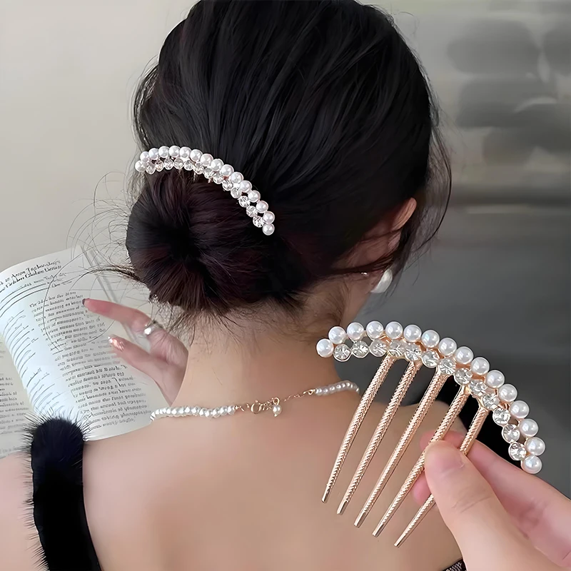 Rose Gold Rhinestone U-Shaped 5-Prong Hair Pin Luxury Bun Clip for Updo Back of Head Hair Styling Tool Hair Accessories