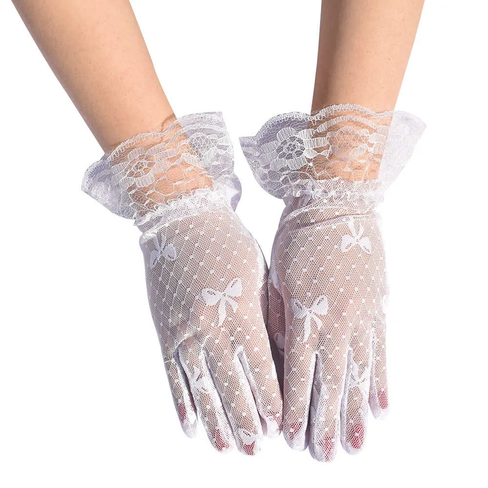 Women's Summer Sunscreen Gloves with Plaid Mesh Bow Design, Black Lace Trim, Ladies' Etiquette Gloves