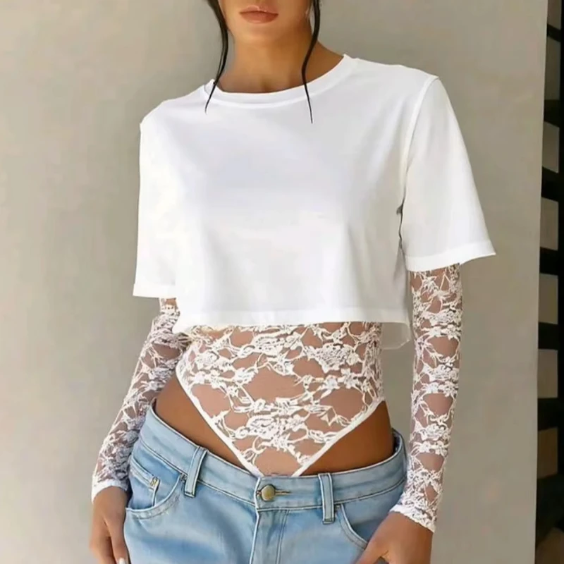 Y2K Sexy Solid Crop Lace Stitching Long Sleeve Bodysuit Summer Fashion Hottie Street Tide Slim Fit Basic Skinny Tees Bodysuit