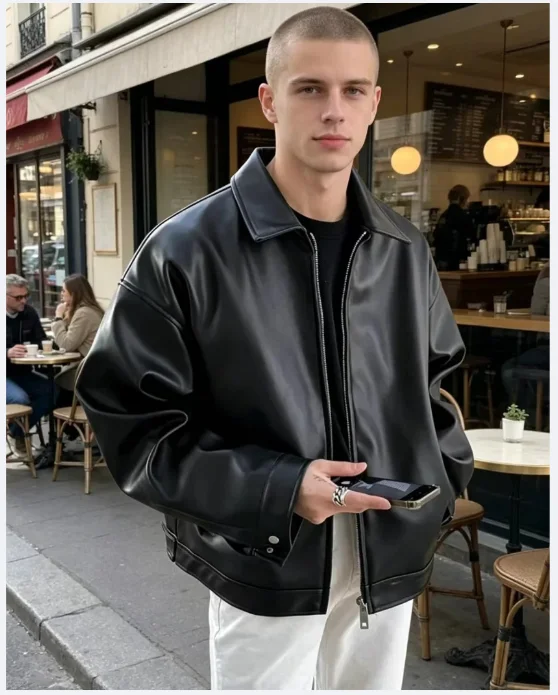 Men's Leather Jacket Coat Fashion Lapel Collar Zip-up Leather PU Jackets Men Winter Outdoor Leather Coat Streetwear