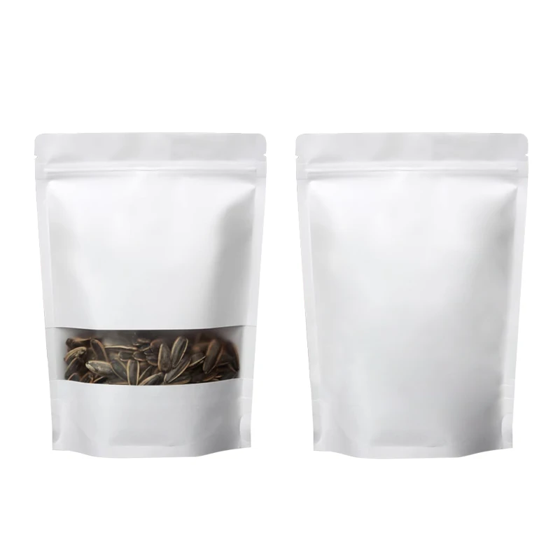 Custom Printed White Kraft Paper Window Zipper Bag For Packaging Peanuts, Sugar, Nuts, Seasonings Pouch