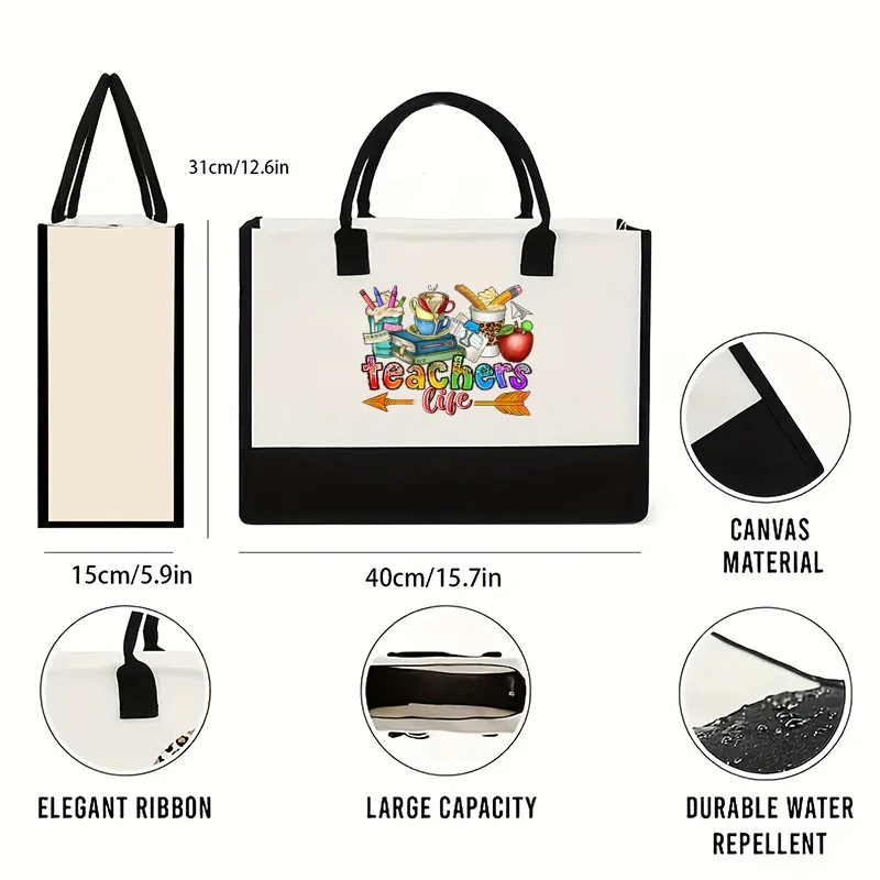 Teacher printed large capacity shoulder bag, portable canvas handbag, outdoor short distance travel shopping bag