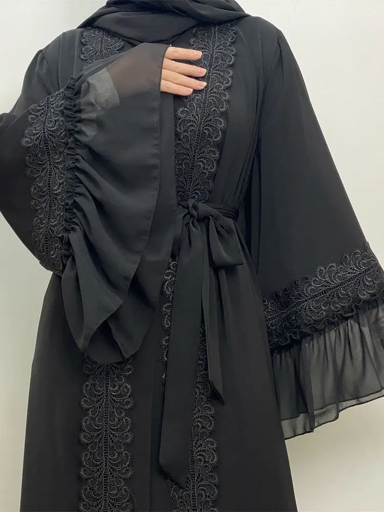 Fashion Lace Stitching Muslim Abaya Dubai Full Length Flare Sleeve Lace Abaya Dubai Turkey Muslim Islam Robe With Belt WY1391