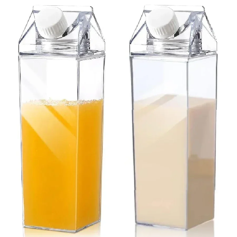 

2pcs Milk Carton Water Bottle Transparent Plastic Square Milk Orange Juice Tea Container Box Sport Cup for Sports Travel Camping