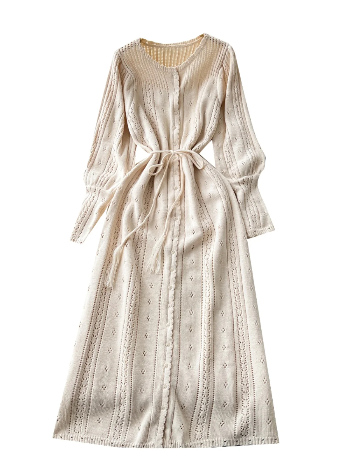 فستان محبوك مجوف حلو للنساء لفصلي الخريف والشتاء بخصر مرتفع وأكمام واسعة مع حزام على الخصر فستان طويل على الطراز الكوري تنورة...