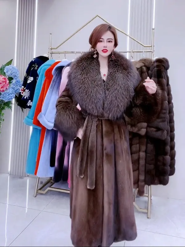 High-End Mink Fur Faux Mink Long Coat Women Fall Winter Thickened Warm All-Match Fox Fur Collar Long Sleeve Coat Female