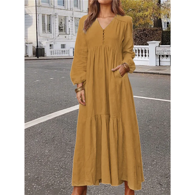 FX-robe longue en coton style Boho pour femmes, col en v, manches longues, robe de plage fluide avec poches et boutons