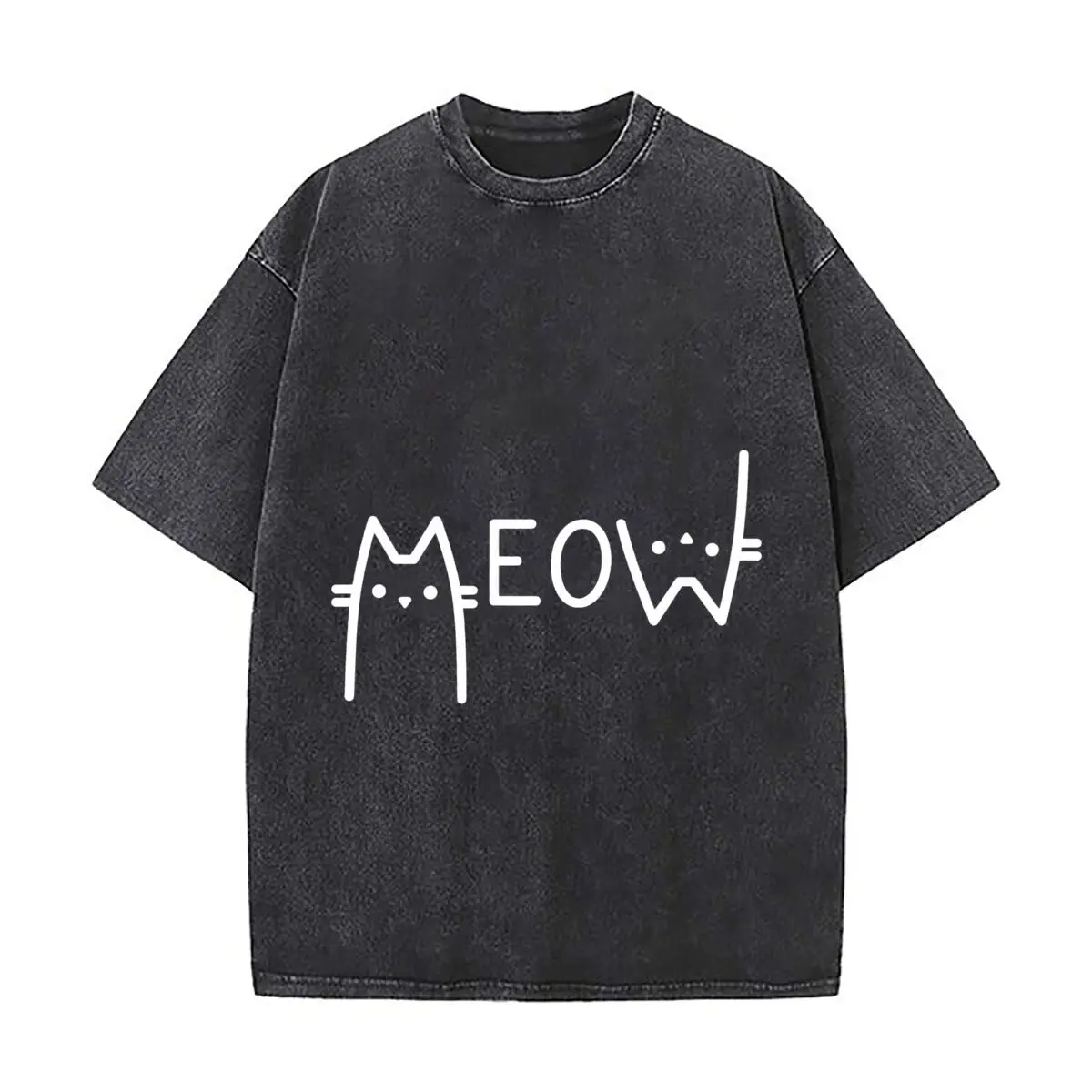 Funny MEOW Cat Face Kawaii Minimalist Line Art Washed Distressed Loose Streetwear Tops for City Walks